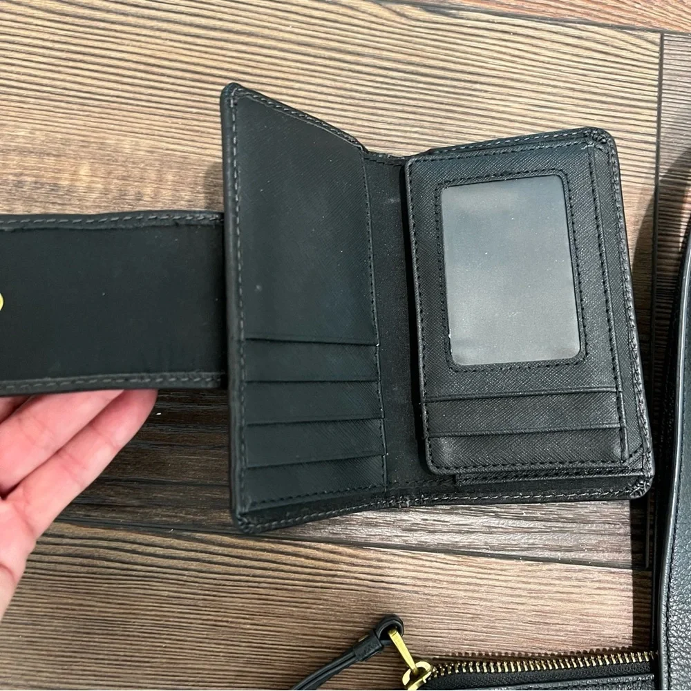 FOSSIL TOTE WALLET SET GENUINE LEATHER BLACK GOLD HARDWARE